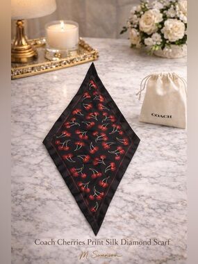NEW Coach Cherries Print Silk Diamond Scarf Black Red Cherry CDL13 NWT